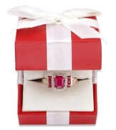 Crimson bliss. Emerald-cut rubies (1-5/8 ct. t.w.) edged by round-cut diamonds (1/5 ct. t.w.) adorn this brilliantly-hued ring. Set in 14k rose gold.