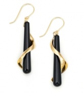 Twisted 14k gold insets put an eye-catching and modern spin on drop earrings. Spiral-shaped onyx (35x6 mm) is set in 14k gold. Measures 1-1/2 inches.