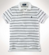 A classic-fitting short-sleeved polo shirt is crafted from breathable cotton mesh with a sleek striped pattern for casual polish.