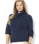 Lauren Ralph Lauren's chunky knit plus size sweater is crafted with an oversized turtleneck and a modern high-low hem