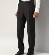 BOSS Black Dr. Hook Trousers. Single reverse pleated pants in virgin wool with rayon viscose lining to knee and unfinished hem. Inner button, hook and button tab closure. Side trouser pockets. Back buttoned welt pockets. 11.5 front rise. 17.5 leg opening.