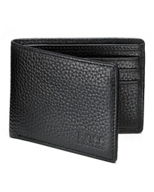 Pebbled leather billfold with two sections and six credit card slots. Logo stamped on front.