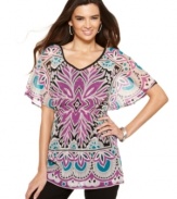 Come on, get free! Featuring pops of ultra-feminine colors of the season, this printed mesh tunic from Alfani offers an stylish, comfortable coordinate for both night and day wear.