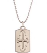 A finely wrought stainless steel dog tag pendant with diamond-accented cross, from Simmons Jewelry Co. Approximate length: 30 inches. Approximate drop: 2 inches.