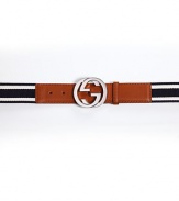 Signature web belt with leather trim and interlocking G buckle.Blue/off-white/blue web detailAbout 1½ wideMade in Italy