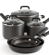 Stock your space. Traditional styling, easy, comfort grips and a long-lasting, durable nonstick finish draw you to this chef's essential set. Enjoy the ease and precision of the heavy-gauge hard-anodized pieces, which heat up quick, clean up fast and create a lifetime of magnificent meals. Lifetime warranty. (Clearance)