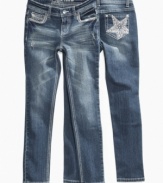 Make her the star of her own style with these studded star graphic skinny jeans from Revolution.