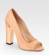 Low-cut suede silhouette with a chunky mixed-media heel and timeless peep toe. Suede and metal-covered heel, 4½ (115mm)Suede upperLeather liningBuffed leather solePadded insoleImportedOUR FIT MODEL RECOMMENDS ordering one size up as this style runs small. 