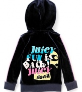 Fun is Back with Juicy's super soft, color blocked velour hoodie.