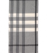 In tonal grey hues, this Burberry scarf is crafted in luxe, ultra-soft brushed wool.