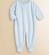 A charming one-piece, crafted in lush velour, with moon and star embroidery and scalloped trim for sweet baby style.CrewneckLong sleevesBack snapsDrop seat with snaps80% cotton/20% polyesterMachine washImported Please note: Number of snaps may vary depending on size ordered. 