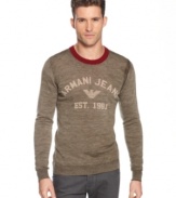 Is it a sweater? Or a logo tee? Armani Jeans makes this pullover in a heathered wool knit as lightweight and easy to wear as a T-shirt.