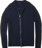 Maybe he'd like to, a guy can't go around in macho motocross gear 24/7. So here's the next best-maybe even better-thing: A zip-up cardigan from Sean John with moto-style ribbing that travels over the shoulders and down the sleeves.