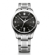 Put a sleek, utilitarian spin on your day-to-day looks with this stainless steel watch from Victorinox Swiss Army, boasting a matte black dial and luminous hands. It's classic round face give it a timeless feel, backed up by precision analog quartz movement.