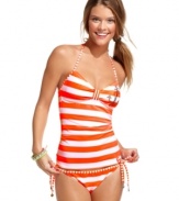 Anchors away: Hobie's halter tankini top mixes sporty stripes with cute nautical embellishments!