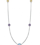 Pretty pops of color, all in a row. This delicate long strand necklace features round and oval-cut stations of blue topaz (4 ct. t.w.), citrine (1-1/2 ct. t.w.) and amethyst (4-1/2 ct. t.w.). Setting and lobster claw clasp crafted in sterling silver. Approximate length: 36 inches.