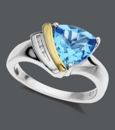 Like an abstract piece of art. Modern design combines with a vibrant, trilliant-cut blue topaz gemstone (3 ct. t.w.) and a row of diamond accents. Ring crafted in sterling silver with a touch of rich 14k gold. Size 7.