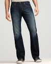 Straight leg jean with fading detail at thigh and seat.