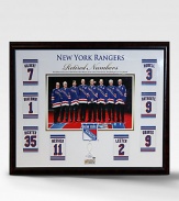 This gorgeous retired-numbers collage is a must have for any New York Rangers fan. This handsomely framed collage features a rare photograph of every Rangers legend, a replica of their retired-number banner and a piece of authentic game-used net. A must-have piece for any Rangers fan. Includes piece of game-used net and certificate of authenticity 35W X 30H Made in USA 