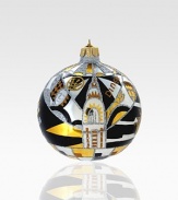 A handpainted ornament celebrates the art and architecture of the 1940s, when the Art Deco movement left its indelible mark on New York City.Handpainted glass Wipe clean 4 diam. Imported 