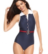 Playful and preppy-chic, Tommy Hilfiger's polka dot one-piece swimsuit features a polo collar and a removable striped belt!