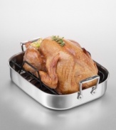 Great kitchens start with All-Clad cookware. This rectangular roaster is made of heavy-gauge solid stainless steel for easy cleaning, and it won't react with foods. The aluminum core distributes heat evenly. Solid cast stainless steel handles. Comes with a nonstick roasting rack. Measures 14. Lifetime warranty.