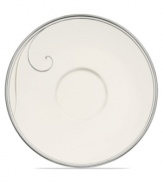 Fluid platinum scrolls glide freely throughout this beautiful fine china saucer from Noritake. Easy to match with any decor, the fresh and elegant Platinum Wave collection of dinnerware and dishes is a timeless look for fine dining or luxurious everyday meals.