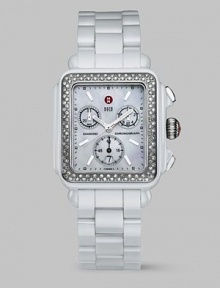 Cool ceramic meets sparkling diamonds for a bright and brilliant Swiss timepiece. Swiss quartz movement 108 diamond bezel Diamonds, tcw .60 K-1 mineral crystal Square face Mother-of-pearl chronograph dial Number markers Date display Ceramic case and band Strap is not interchangeable Imported