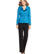 A gorgeous texture, seamed waist and ruffled neckline make Tahari by ASL's jacket stunning. The coordinating pants highlight the jewel-toned jacket hue for a pantsuit with panache!