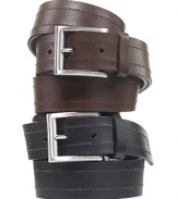 This stylish leather belt with stitching detail is the perfect finishing touch to a sleek suit.