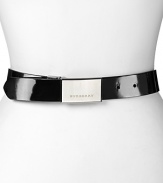 Reversible from Burberry's signature check print to patent black, this classic belt features a polished buckle closure with an engraved logo.