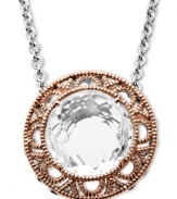 A little bit vintage, a whole lot of sparkle. Town & Country's pretty round pendant highlights a white quartz gemstone (4-1/2 ct. t.w.) in an intricate, 18k rose gold setting. Chain crafted from sterling silver. Approximate length: 18 inches. Approximate drop: 3/4 inch.