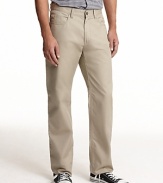 Five pocket straight leg pants in chino color. Classic look and fit. Plain back patch pockets.