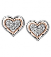 Even more to love. The sterling silver and 14k rose gold stud earrings feature single-cut diamonds in a stunning display. Approximate drop: 3/8 inch. Approximate width: 3/8 inch.