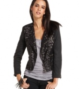 Sequins & herringbone tweed combine for a cool contrast of girl-meets-boy on this MM Couture motorcycle jacket -- a trend-forward layering piece!