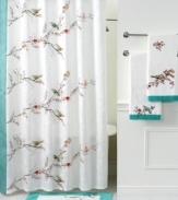 Featuring the blossoming branches and water-colored birds of the whimsical dinnerware pattern, the Chirp shower curtain from Lenox Simply Fine brings the beauty of the outdoors right inside your bath. Complete the look with coordinating shower hooks.