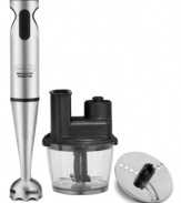 Have a hand in culinary genius. Get your cooking done & get it done right away with this super-powered hand blender, whisker and food processor. Packed with 40 watts of power, this stainless steel addition is the key to versatility including a 4-cup food processor attachment, chopping blade, slicing/shredding disc, whisk and 16-oz. work cup. 3-year warranty. Model CSB80.