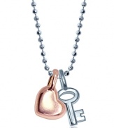 A rose gold plated mini heart charm and sterling silver key charm on a ball chain necklace. From Alex Woo.