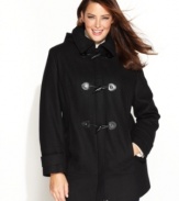 Toggle closures bring charm to this plus size wool-blend coat! Calvin Klein updates the classic duffle coat with faux-leather accents and a removable hood.