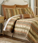 The Canyon comforter set features an elegant pattern of vertical stripes with a delicate flourish design overlay all in a warm, enticing palette. Decorative twisted cord and fringe embellishments finish the look, complete with all the elements needed to reinvent your space.