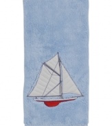 Set sail for uncharted bath decor with this nautical-themed washcloth from Creative Bath. Emblazoned with a seafaring schooner, this plush wash towel docks beautifully-powder rooms to bathrooms.