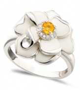 Put some spring in your style. This flower ring features round-cut citrine (1/8 ct. t.w.), sparkling diamond accents, and polished petals in white enamel. Crafted in sterling silver. Size 7.