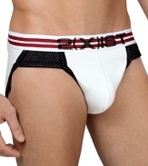 Colorful striped brief featuring elastic binding with contrasting waistband and 2(x)ist logo