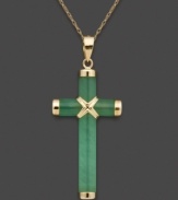 A peaceful cross pendant in calming jade and 14k gold. Approximate length: 18 inches. Approximate drop: 1-1/2 inches.