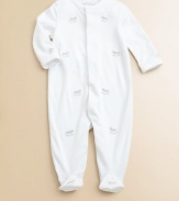 An adorable long-sleeved footed coverall crafted in soft cotton jersey is accented with schiffli embroidery.CrewneckLong sleevesSnap-frontBottom snapsFooted hemCottonMachine washImported Please note: Number of buttons/snaps may vary depending on size ordered. 