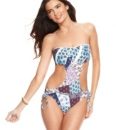 Lucky Brand's patchwork print monokini boldly goes where no swimsuit has gone before: country charm goes all-out sexy with cutouts and lacy trim!