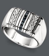 A bold strip of sparkle makes this men's ring really shine. Crafted in braided sterling silver, this wide band ring features a row of round-cut black diamonds (1/4 ct. t.w.). Size 8-12.