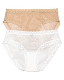 Briefs with geometric lace trim along the waist and leg bands, a flattering style from Natori.