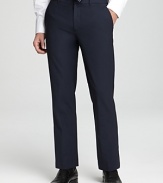 Straight, slim leg pants. Front quarter top pocket and back besom pockets. Flat front. Covered tab waistband.