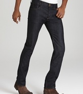 Sleek, slim fit jean in deep selvege denim, with a clean crisp wash.